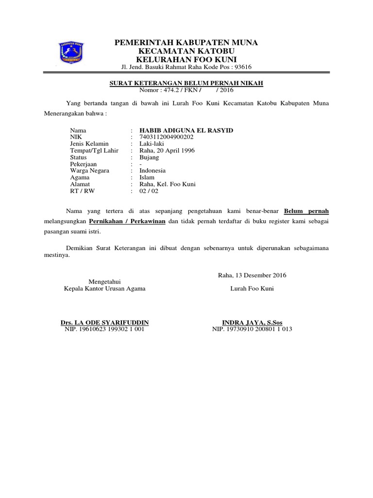 Surat Keterangan Belum Bekerja Dan Belum Nikah