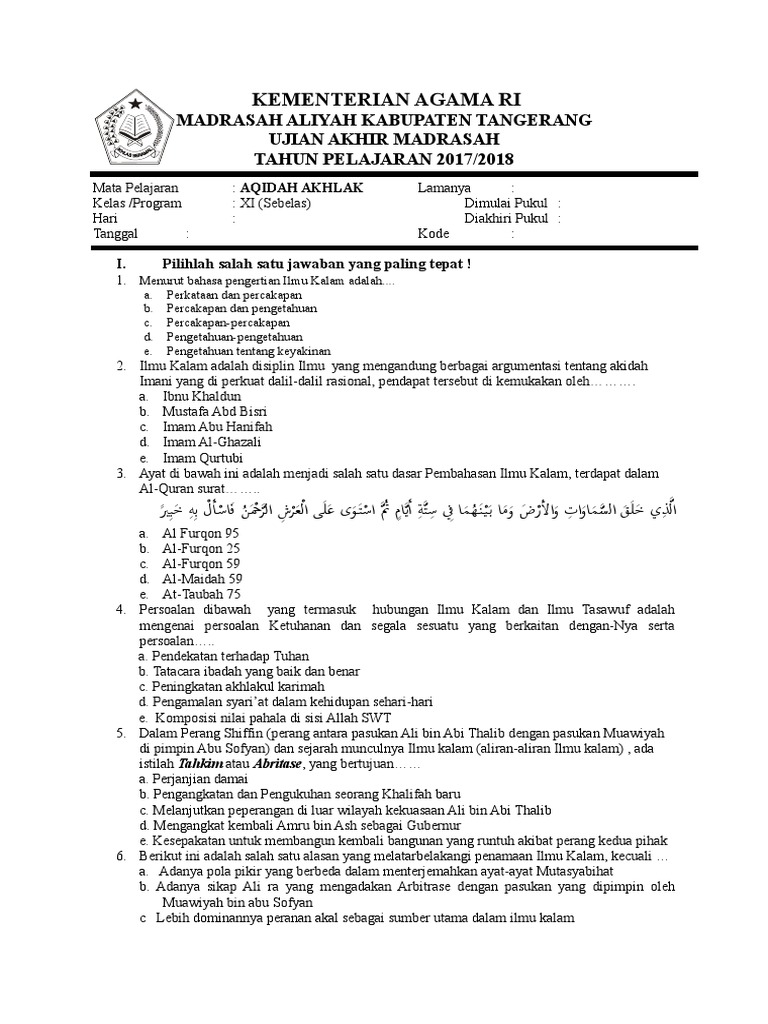 Soal Akidah Akhlak Semester Ganjil Kkm Kls 11 2017 2018 Pdf
