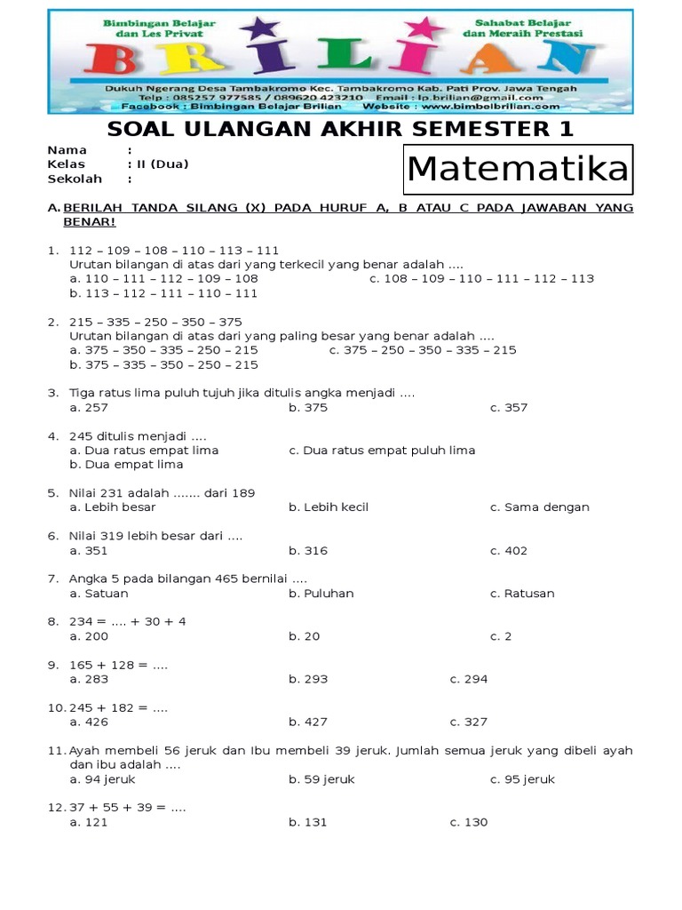 Soal Uas Matematika Kelas 2 Sd Semester 1 Ganjil Dan Kunci Jawaban Pdf