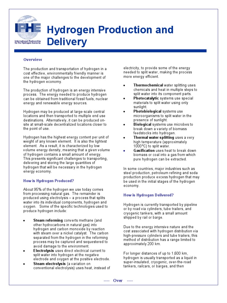 Hydrogen Production and Delivery Overview | PDF | Hydrogen | Chemical ...