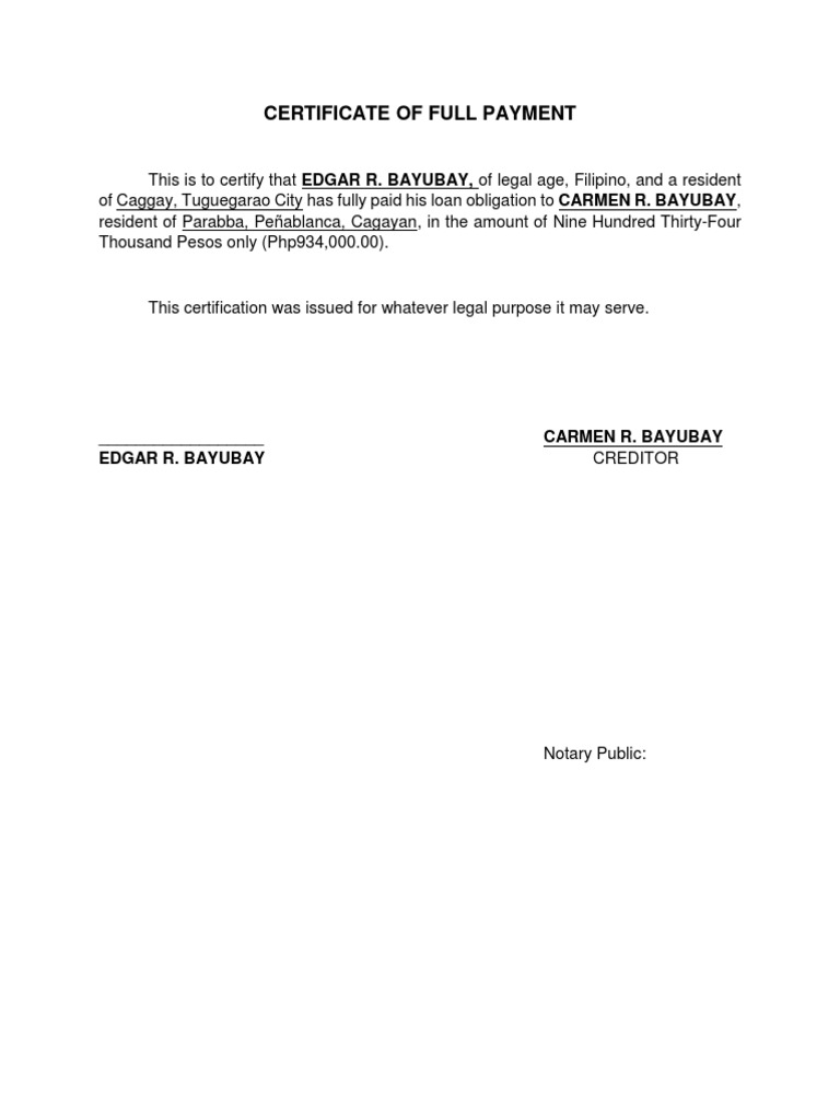 deed sample document of Full Payment of Certificate deed sample document of Full Payment of Certificate