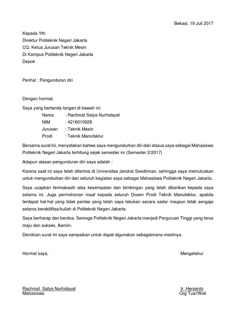 Surat Pengunduran Diri Pnj