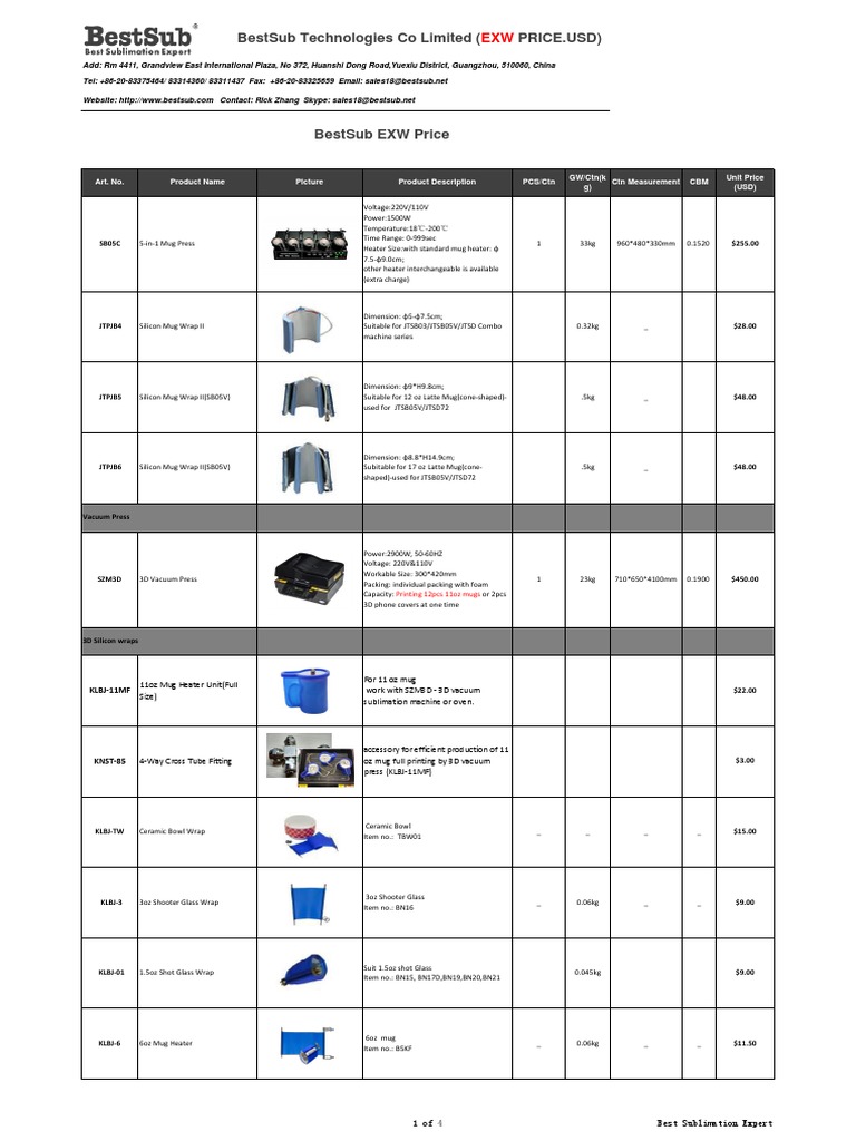 BestSub Sublimation Machines Quotation Sheet 2016 Mug Materials