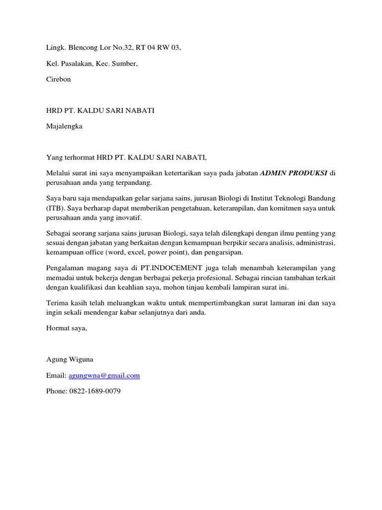 Cover Letter Pt Kaldu Sari Nabati