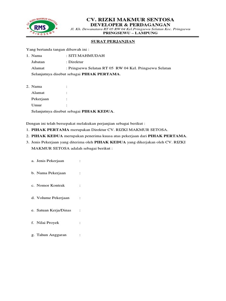 Surat Perjanjian Pinjam Bendera Perusahaan Bagikan Contoh