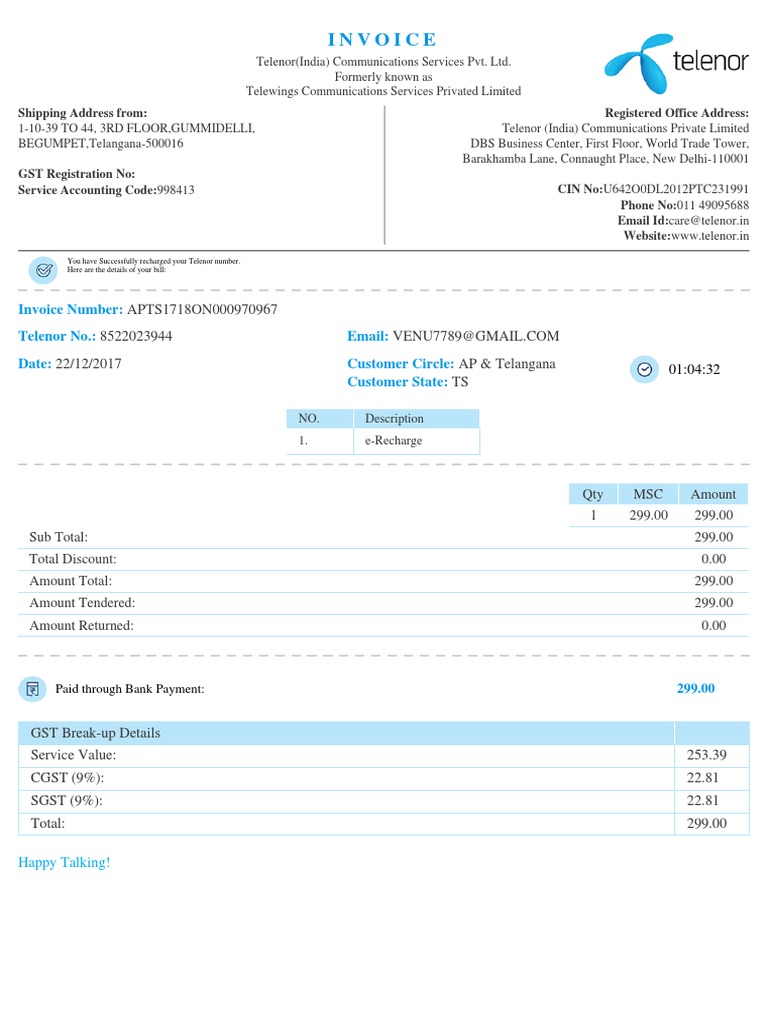 Telenor Recharge Invoice 221217 | PDF | Invoice | Payments