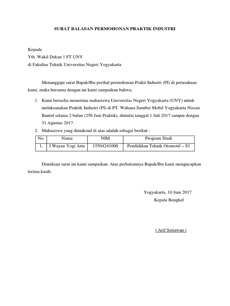 Surat Balasan Permohonan Praktik Industri