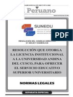 Resolución Que Otorga La Licencia Institucional A La Universidad Andina Del Cusco para Ofrecer El Servicio Educativo Superior Universitario