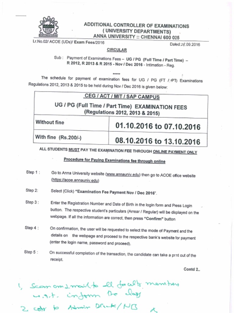 ACOE Circular Payment of Fees