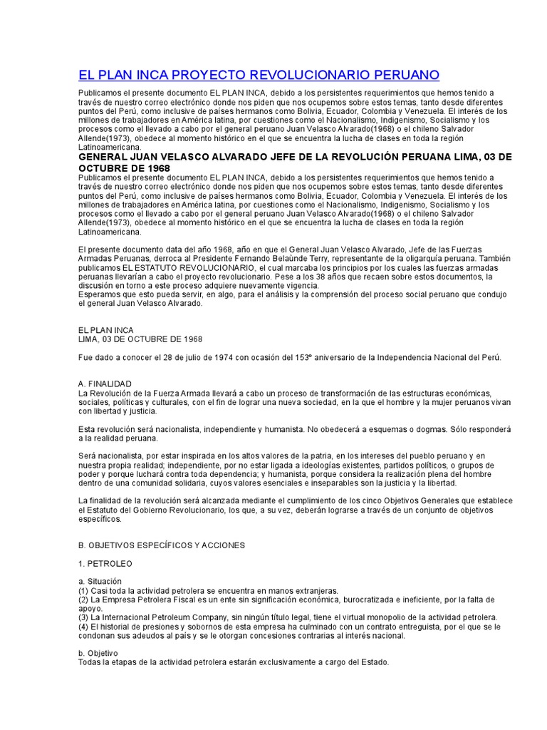 El Plan Inca de Velasco Alvarado | PDF | Turismo | Perú