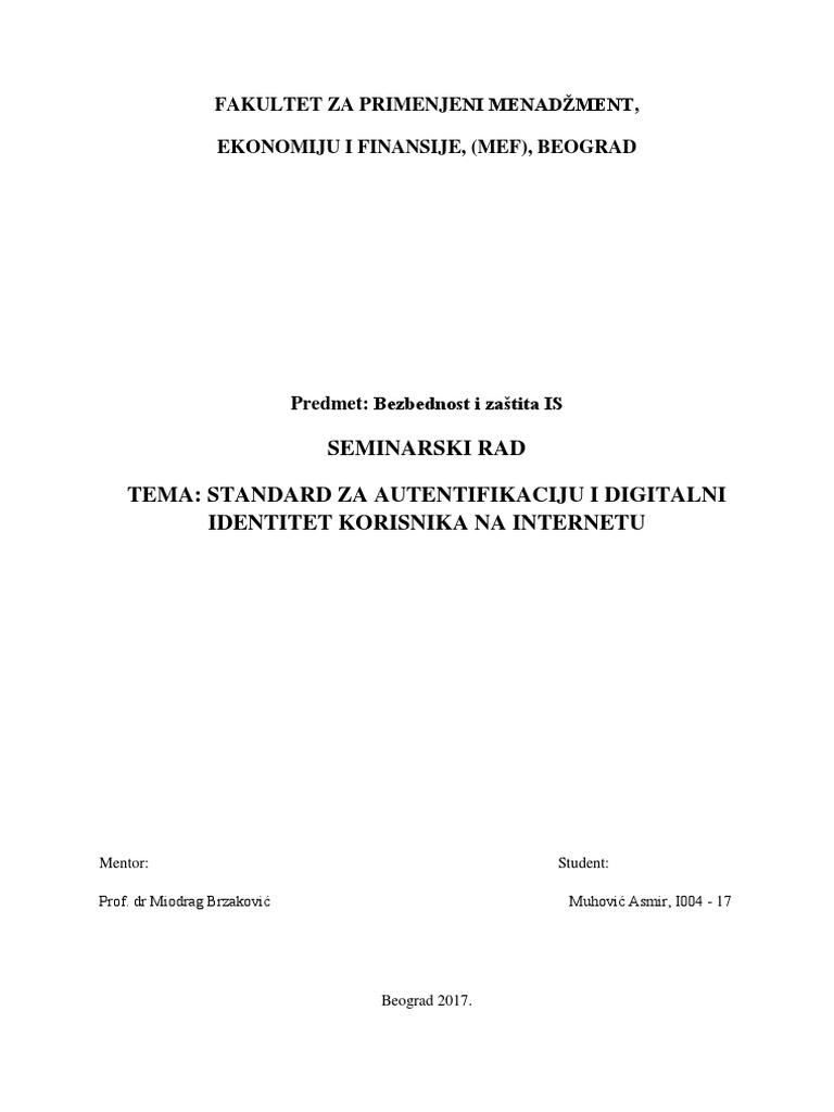 Standard Za Autentifikaciju I Digitalni Identitet Korisnika Na ...