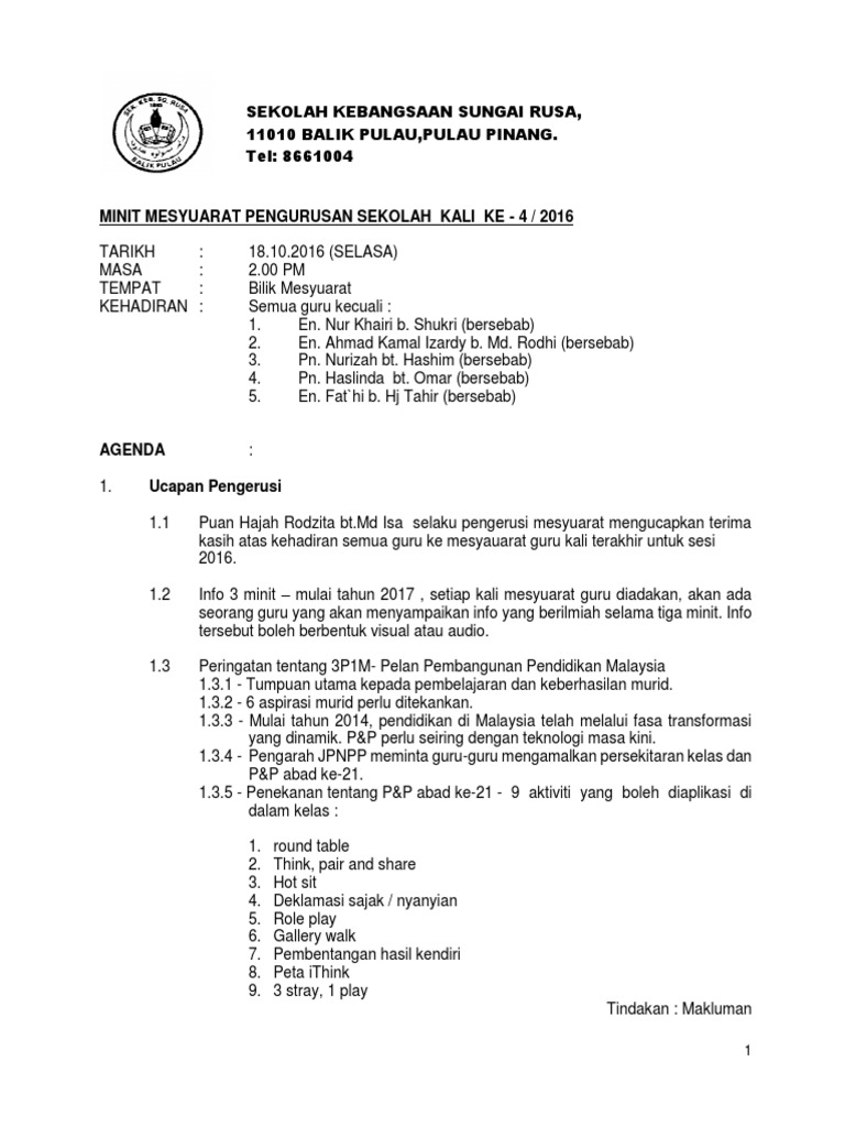 Minit Mesyuarat Pengurusan Sekolah Kali Ke 4