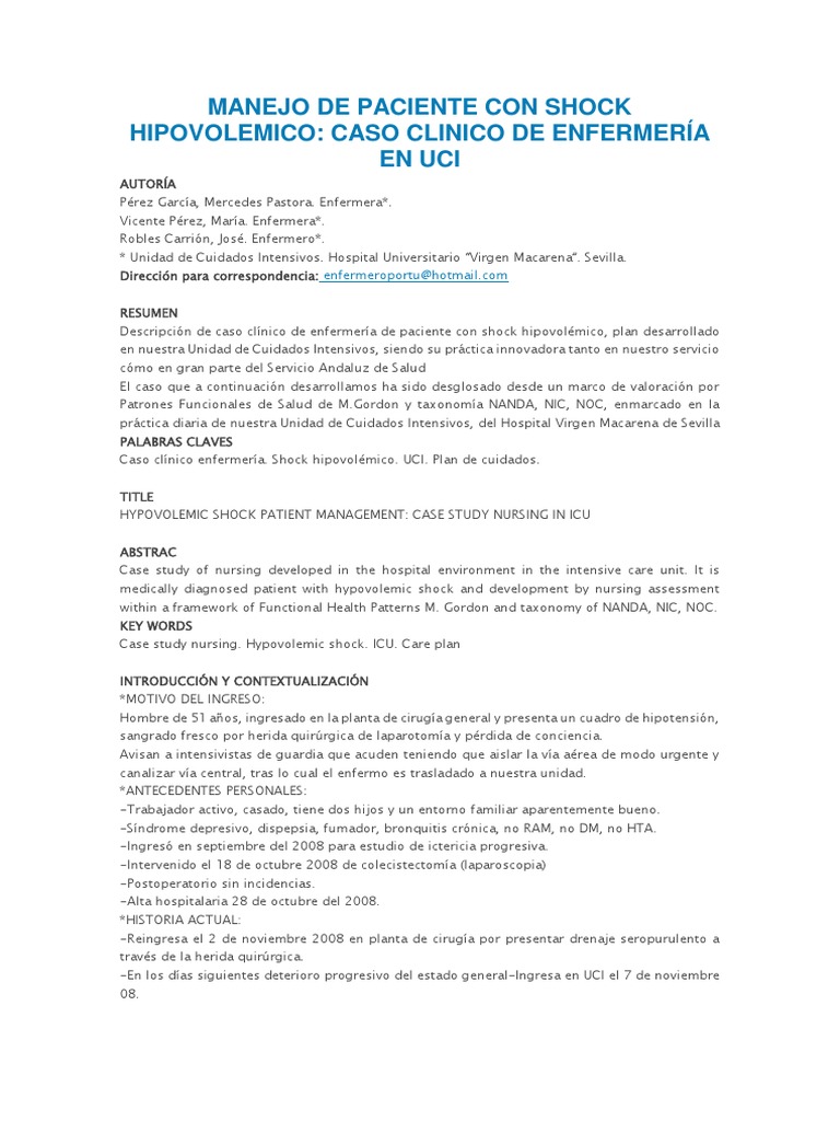 Manejo de Paciente Con Shock Hipovolemico | PDF | Medicina de Cuidados ...