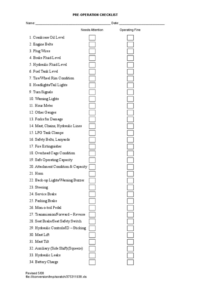 Forklift Checklist PDF Vehicle Technology Vehicles