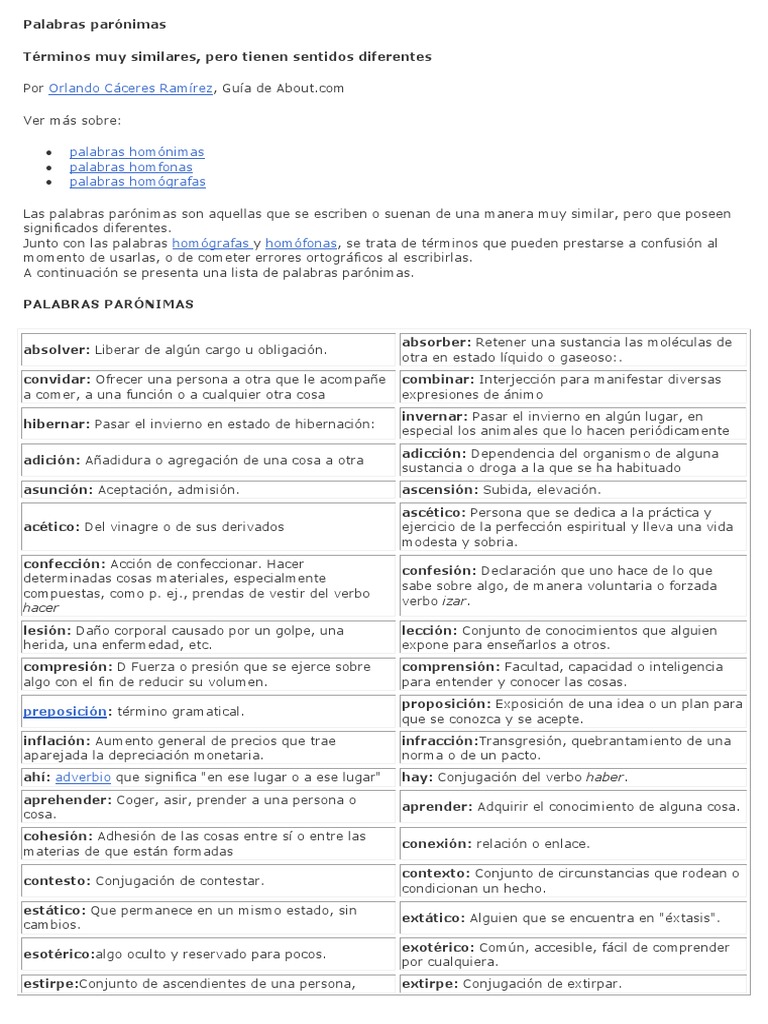 Guía sobre palabras parónimas | PDF | Palabra | Verbo