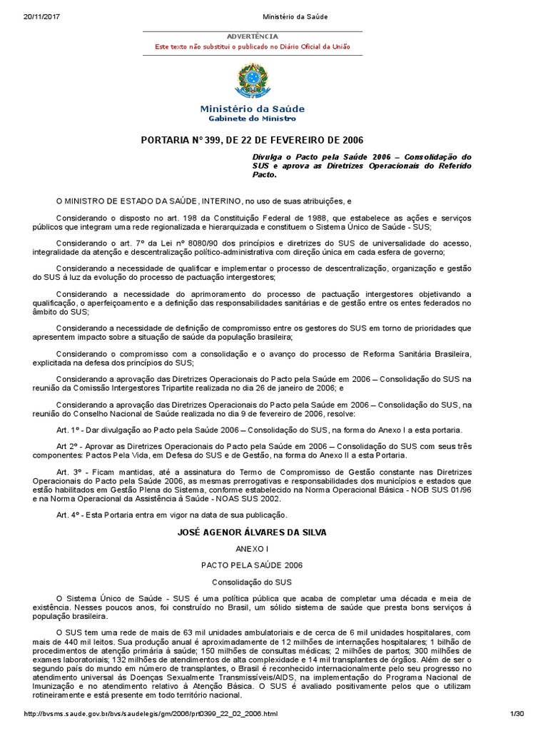 Portaria #399, de 22 de Fevereiro de 2006 - Pacto Pela Saúde | PDF ...