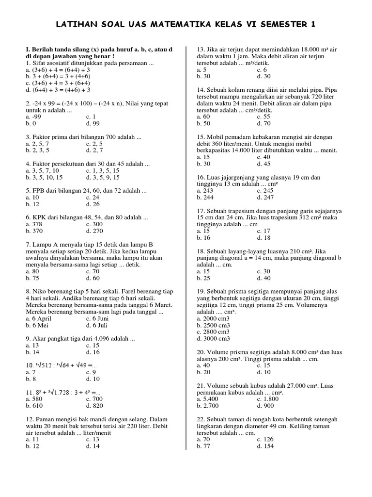 Latihan Soal Uas Matematika Kelas Vi Semester 1