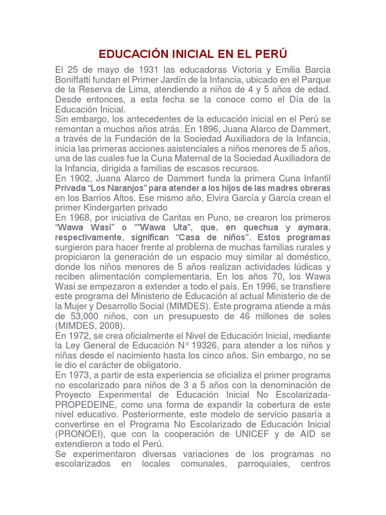 Historia de la Educación Inicial en Perú | PDF | Jardín de infancia ...