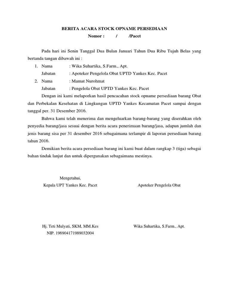 Contoh Berita Acara Stock Opname Pendukung Ilmu