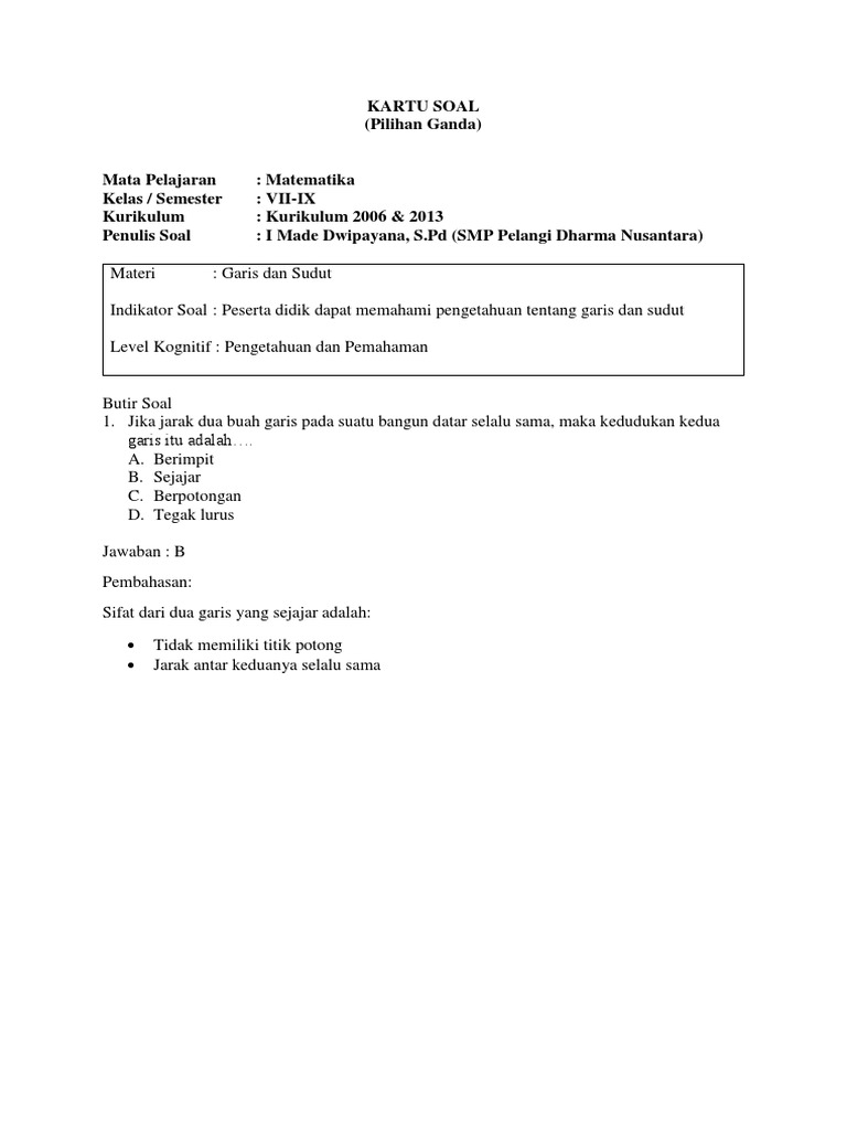 Kartu Soal Matematika Kls 7 Kurikulum 2013