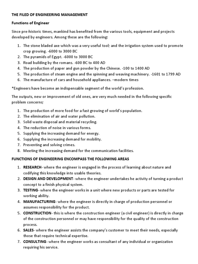 Functions and Roles in Engineering Management | PDF | Engineering ...