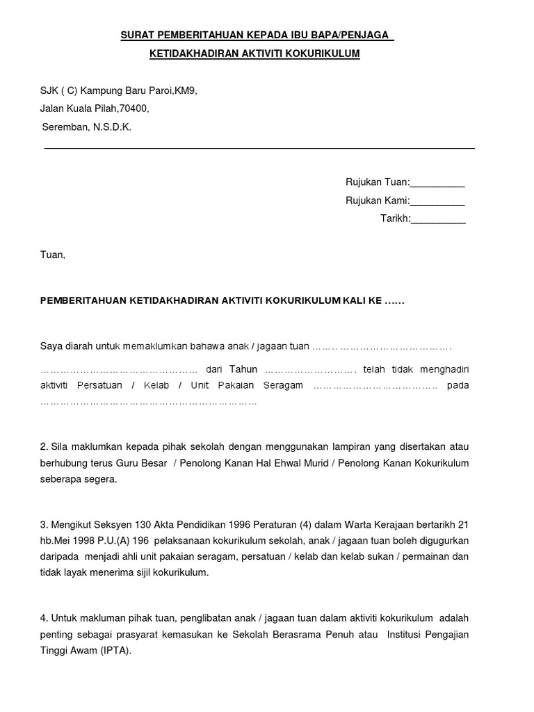 Contoh Surat Makluman Aktiviti Kokurikulum Kepada Ibu Bapa Word / Surat