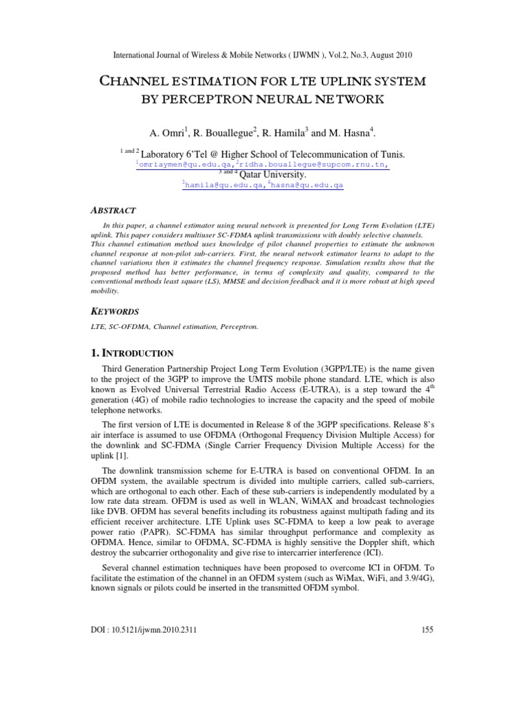 Channel Estimation For LTE Uplink System by Perceptron Neural Network | PDF