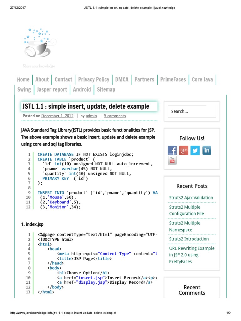 JSTL 1.1 Simple Insert, Update, Delete Example Download Free PDF