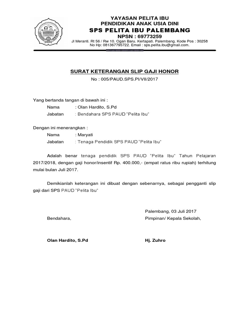 Surat Keterangan Slip Gaji Honor PDF