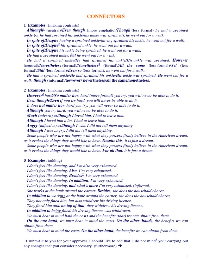 Connectors: 1 Examples: (Making Contrasts) | PDF | Verb | Syntax