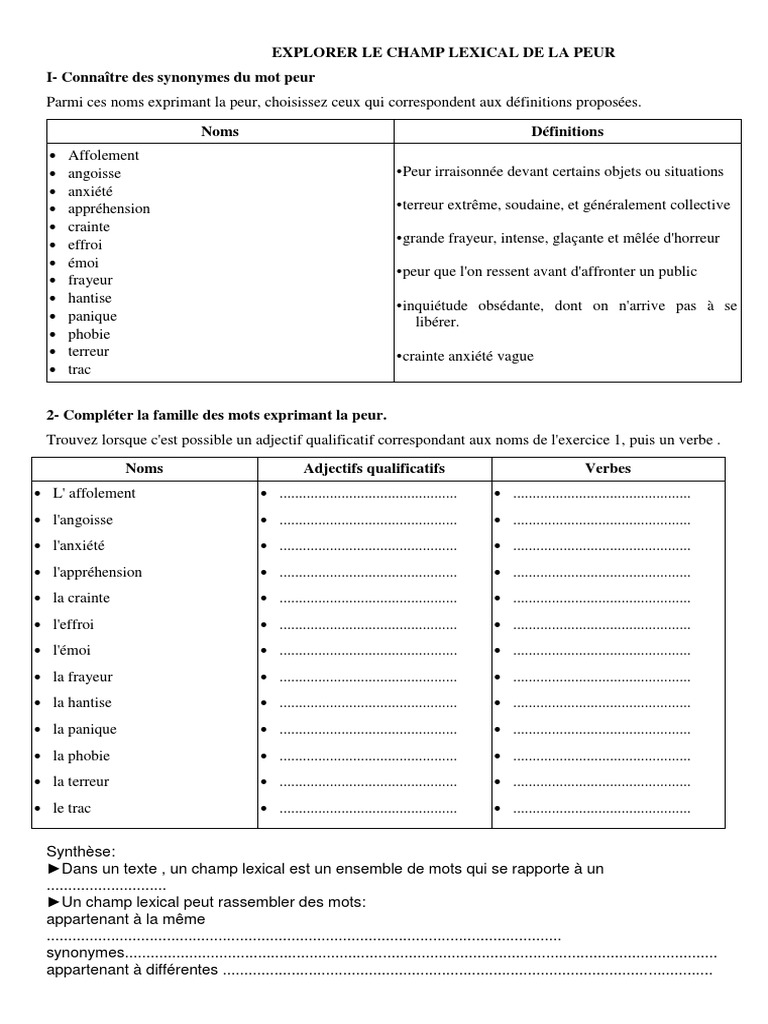 Champ lexical de la peur | PDF | Peur | Phobie