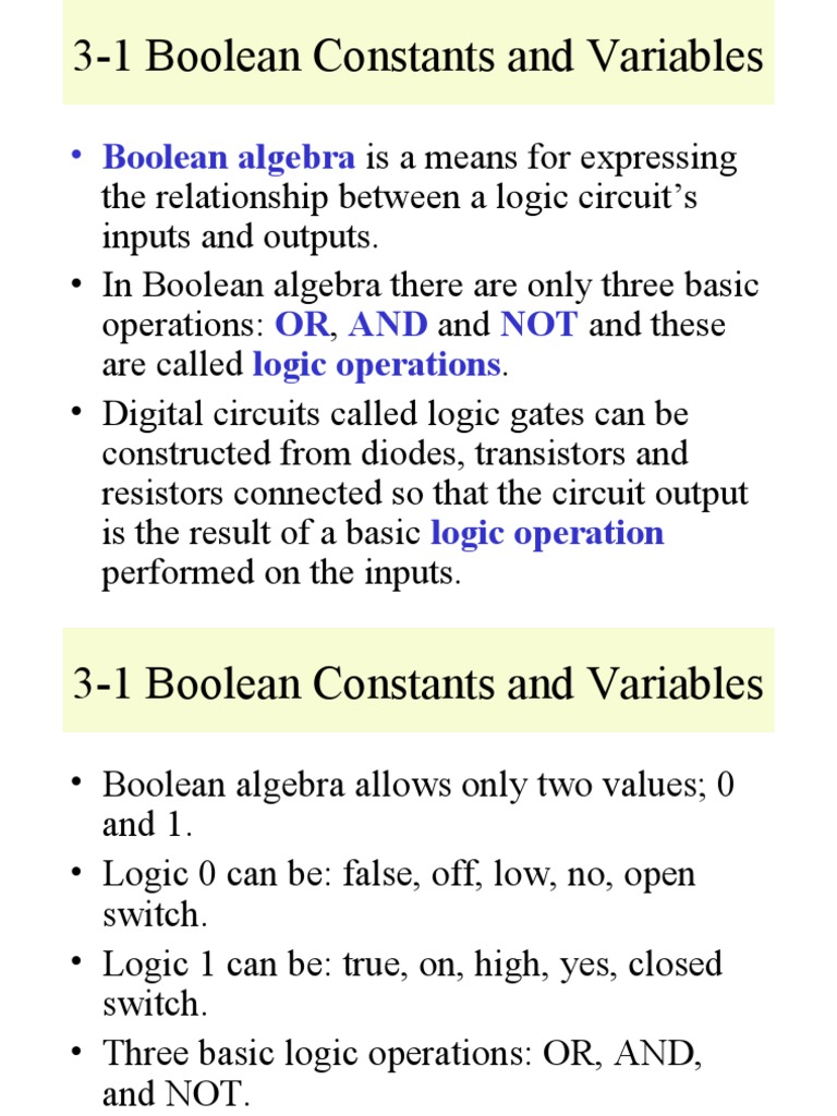 3-1 Boolean Constants and Variables | PDF | Logic Gate | Boolean Algebra