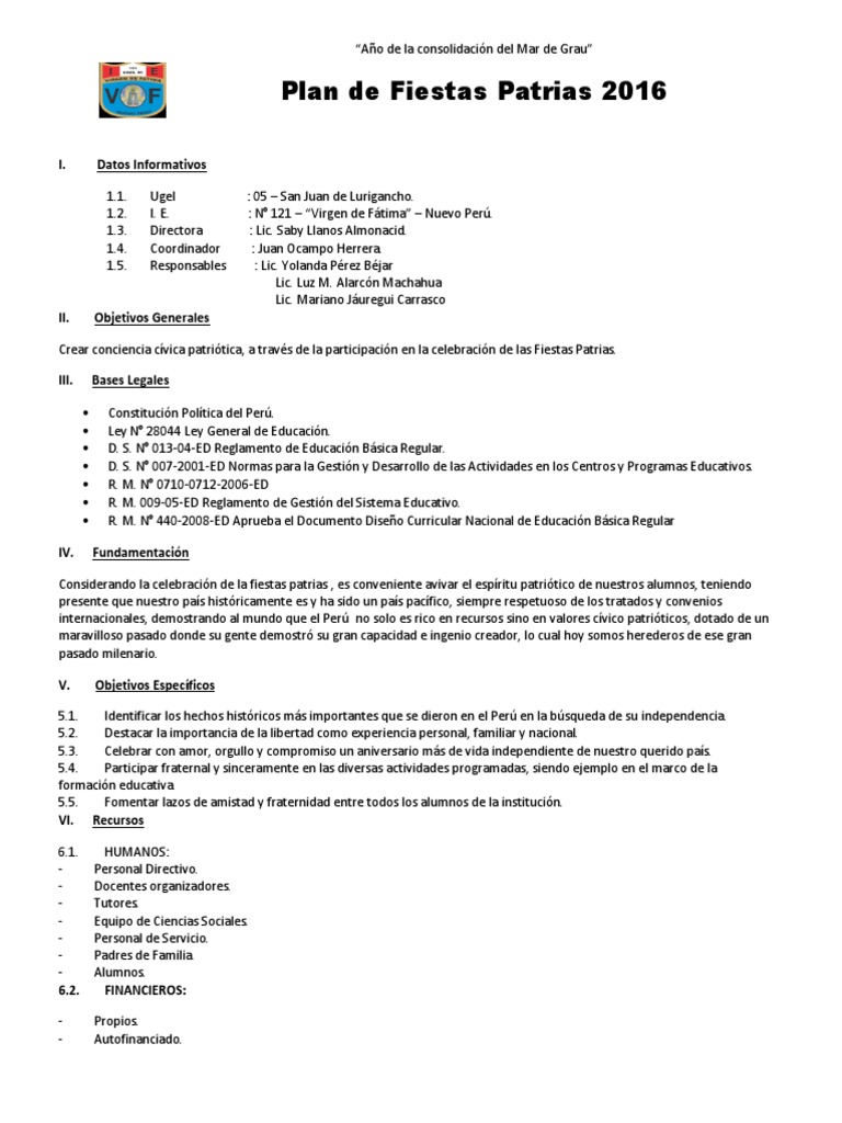 Plan de Trabajo Fiestas Patrias Maestros Perú