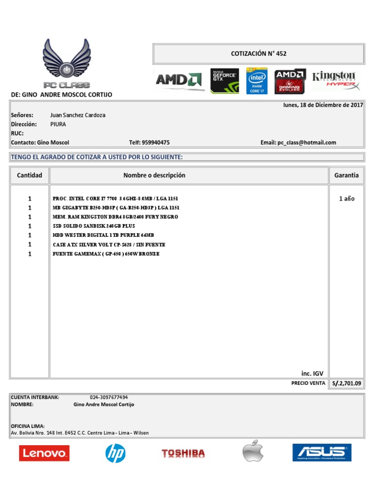 Cotización de Componentes de PC | PDF