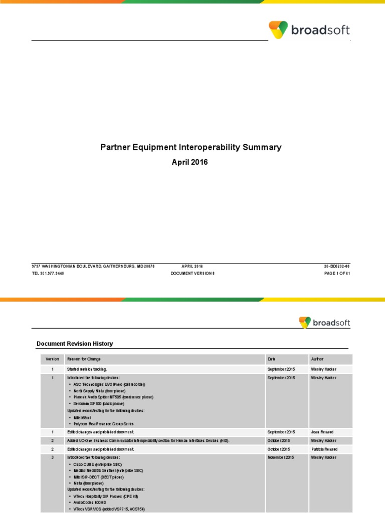 BW Interop Summary Apr2016 | PDF | Ip Multimedia Subsystem | Telephony