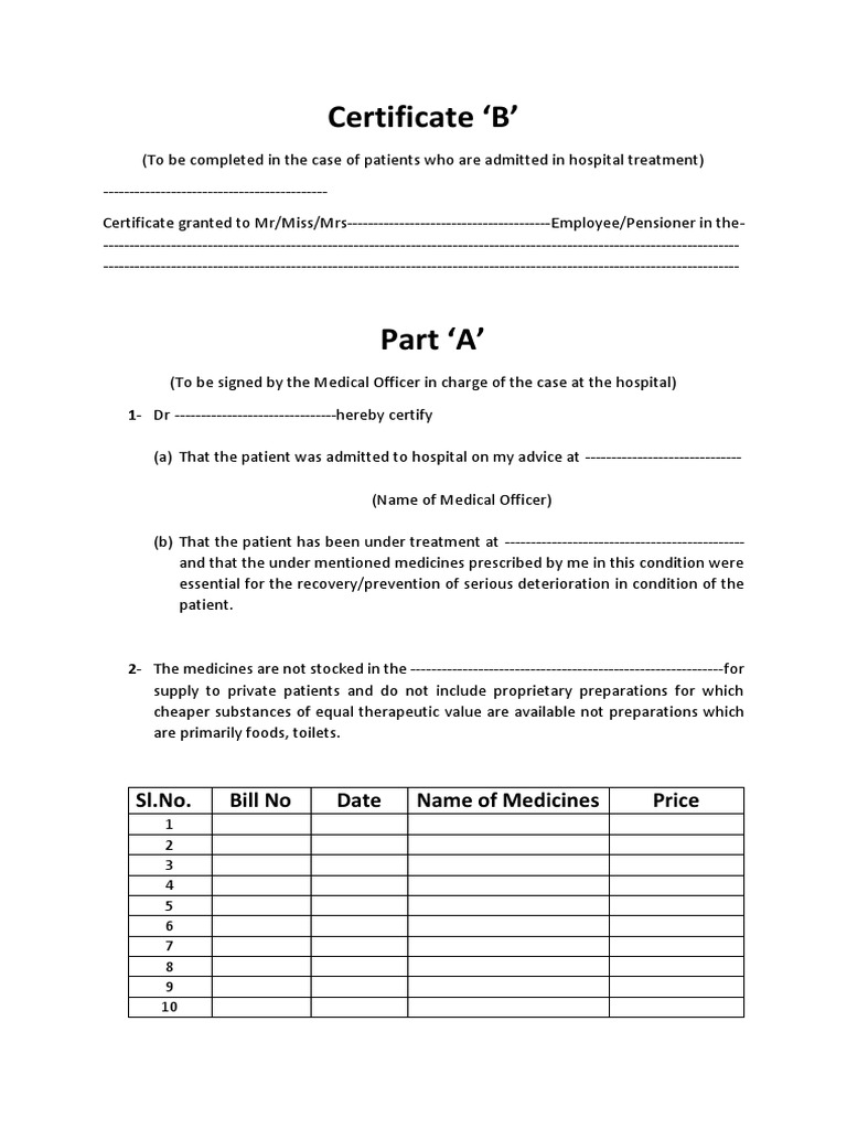 Certificate b for medical reimbursement up hospital patient