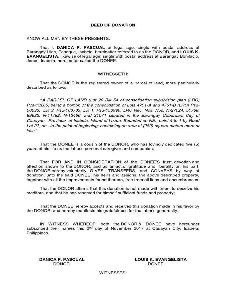 Deed of Donation SAMPLE Natural Resources Law Civil Law Law)