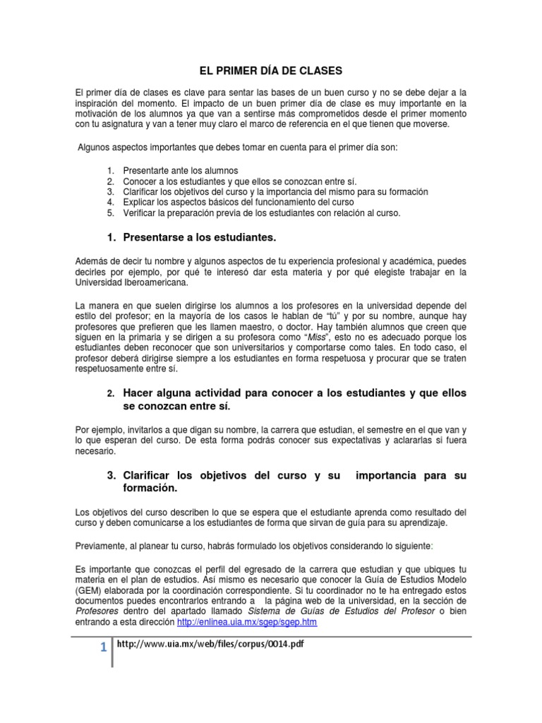 Primer Dia de Clase PDF | Descargar gratis PDF | Maestros | Regulación