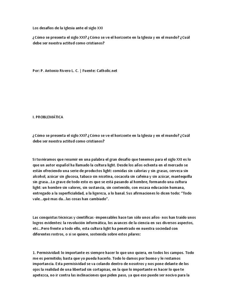 Desafíos de la Iglesia en el siglo XXI | PDF | Relativismo | Iglesia ...