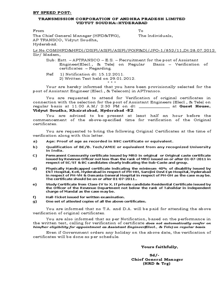 Aptransco 2012 INTIMATION - LETTER PDF | PDF | Business