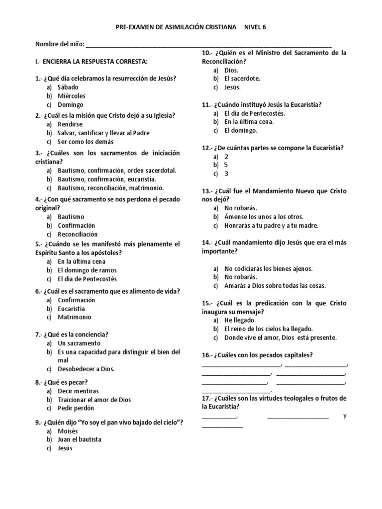 Examen Catecismo PDF Confirmación eucaristía