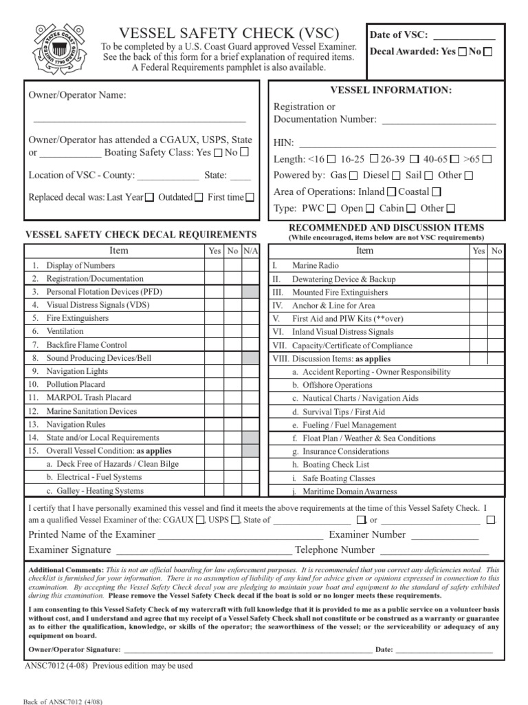 Vessel Safety Check Form Guide | PDF | Watercraft | Fuse (Electrical)