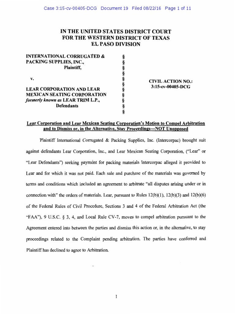 Intercopac v. Lear 10 - Motion To Compel Arbitration  PDF