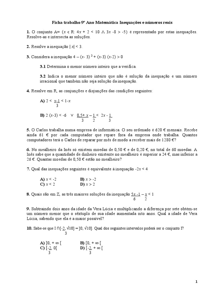 Ficha Trabalho 9 Ano Matemática Inequações e Números Reais | Conceitos ...