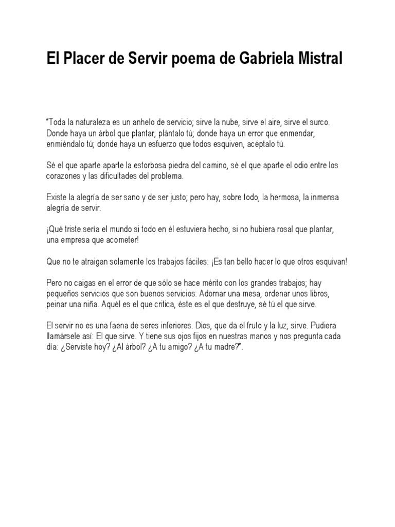 El Placer De Servir Poema De Gabriela Mistral Pdf