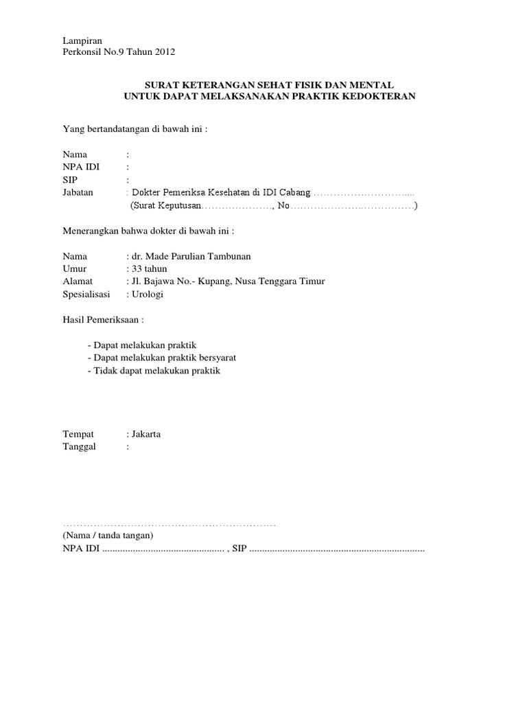 Surat Keterangan Sehat Fisik Dan Mental Str Ppds
