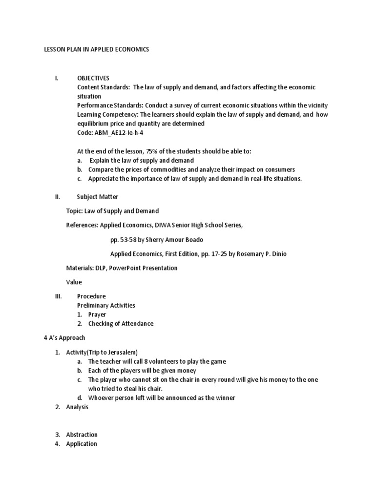 Lesson Plan In Applied Economics Supply And Demand Lesson Plan