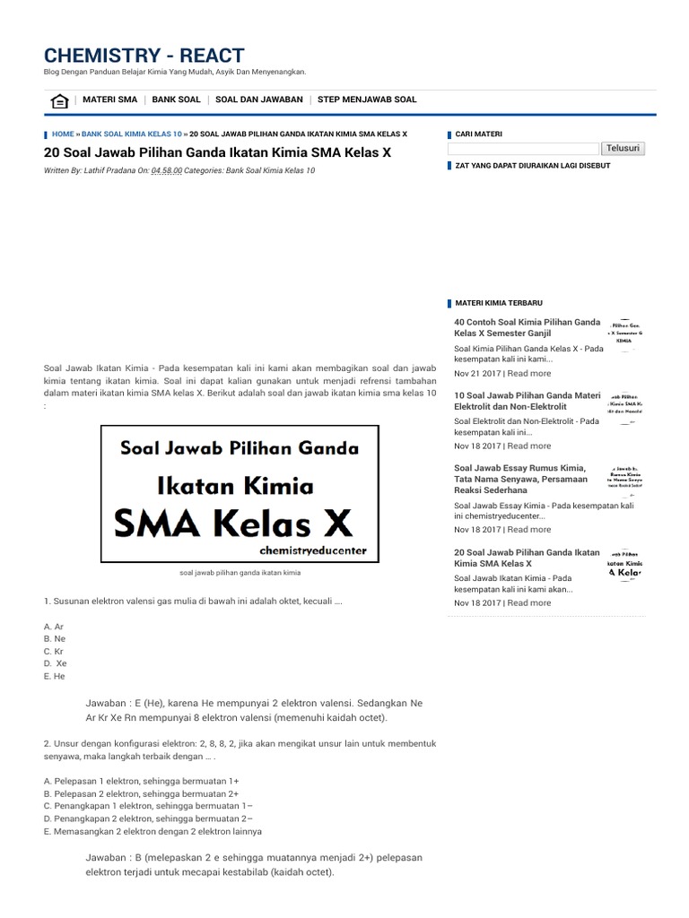 20 Soal Jawab Pilihan Ganda Ikatan Kimia Sma Kelas X