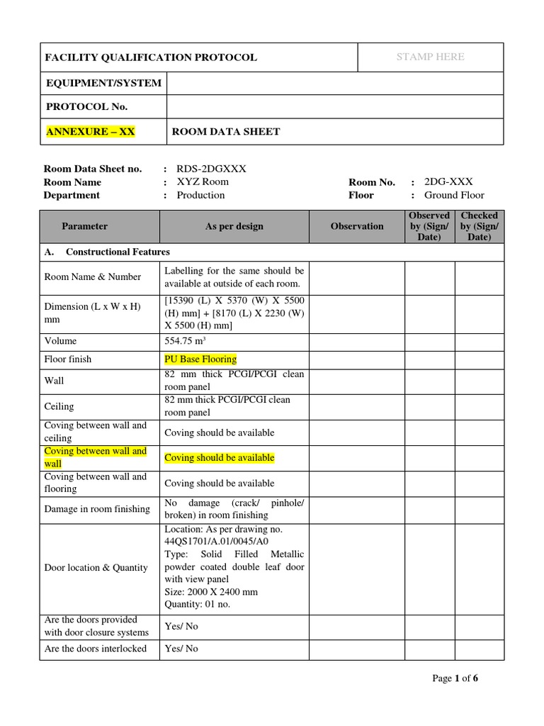 Room Data Sheet - FQ | PDF | Door | Steam