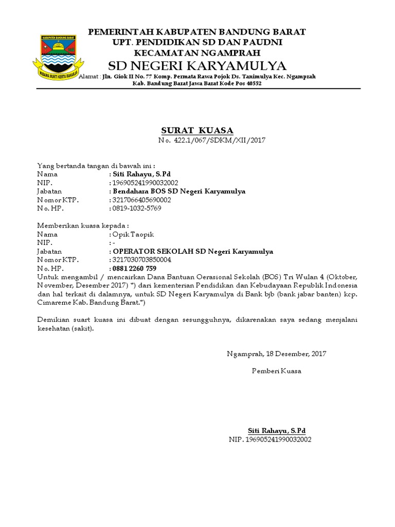 Surat Kuasa Pengambilan Pencairan Dana Bos